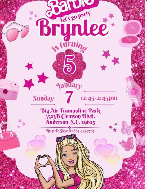 Barbie Themed Invitation, Barbie Invite, Barbie Invitation, Barbie Invitations, Trampoline Park, Barbie Dream House, First Birthday Invitations, 6th Birthday, First Birthday