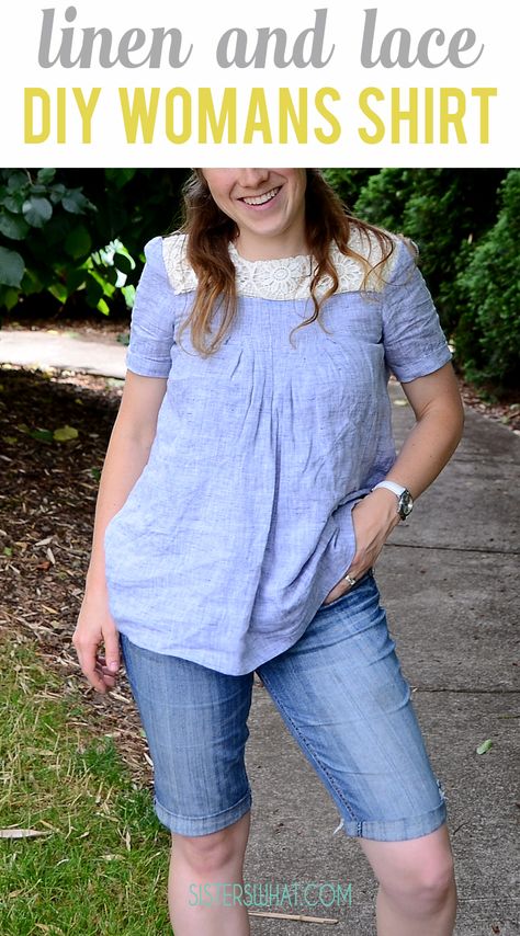 Looking for an easy shirt pattern? This linen and lace Pleated gathered pattern is easy and versatile! McCalls M7544 Pattern Review Women Sewing, Women's Sewing Pattern, Diy Clothes Refashion, Sewing Tops, Peplum Shirt, Lace Diy, Peplum Shirts, Ladies Shirt, Tunic Pattern