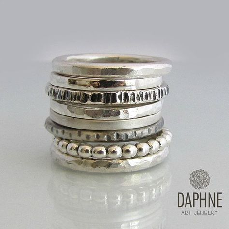 Silver stackable rings. Now available in my Etsy shop  #stackingrings #silverstacking #daphneartjewelry Silver Boho Rings, Sterling Silver Layered Necklace, Rings For Women Silver, Silver Bracelet Stack, Silver Ring For Men, Rings Stacking, Stackable Rings Silver, Hammered Silver Ring, Silver Rings Simple