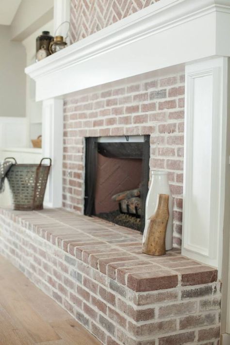 Elegant Brick Fireplace, Red Brick White Mortar, Limewash Brick Fireplace, White Wash Brick Fireplace, Spec Home, Red Brick Fireplaces, Fireplace Redo, Custom Millwork, Brick Fireplace Makeover