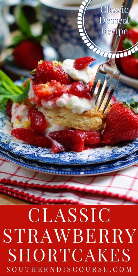 Classic Strawberry Shortcakes are a summer must! Tender golden shortcakes that taste like sweet biscuits piled high with mountains of juicy, red strawberries and strawberry syrup with pillows of fresh whipped cream on top are just what your cookouts and backyard get togethers need! Strawberry Shortcake Topping Recipe, Shortcake Biscuits Recipe, Strawberry Shortcake Recipe, Strawberry Shortcake Recipe Biscuits, Homemade Strawberry Shortcake Biscuits, Strawberry Shortcake Biscuit Recipe, Sweet Biscuits For Strawberry Shortcake, Quick Summer Desserts, Southern Cooking Recipes