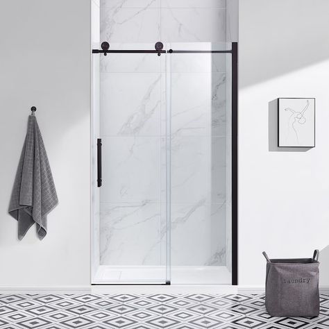 DreamLine Essence 56-in to 60-in W x 76-in H Double Frameless Sliding Satin Black Alcove Shower Door (Clear Glass) in the Shower Doors department at Lowes.com Barn Door Shower Doors, Frameless Sliding Doors, Shower Door Installation, Modern Urban Style, Sliding Mechanism, Shower Tiles, Frameless Sliding Shower Doors, Stainless Steel Railing, Glass Showcase