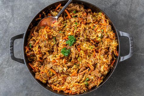 Braised Cabbage with Beef (Best Combo) - Momsdish Shredded Cabbage Recipes, Cabbage Meals, Beef With Mushroom, Steak Wraps, Lower Cortisol, Braised Cabbage, Russian Food, Ukrainian Recipes, Marinated Beef