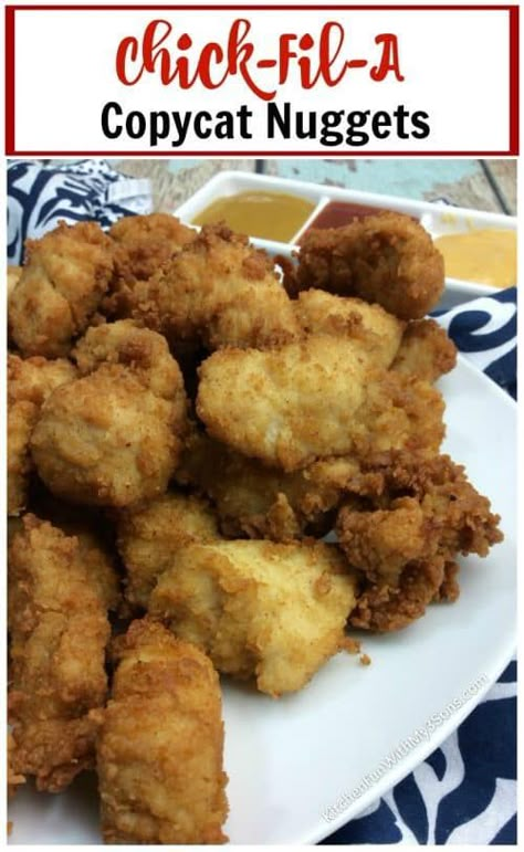 Copycat Chick-fil-A Fried Nuggets. Chickfila recipes including chicken, waffle fries, salads, sandwiches, nuggets, strips, milkshakes, lemonade, Polynesian sauce and more. #chickfila #copycatrecipes #copycat #chickfilarecipes #chicken #wafflefries #chickennuggets #chickenfingers Chick Fil A Recipe Copycat, Chick Fil A Chicken Nuggets, Chick Fil A Recipe, Chick Fil A Nuggets, Copycat Chick Fil A, Eat More Chicken, Chicken Nugget Recipes, Nuggets Recipe, Copykat Recipes