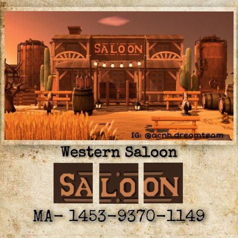 Acnh Western, Acnh Themes, Acnh Summer, Animal Crossing Music, Old West Town, Acnh Patterns, Western Saloon, Wild West Theme, Western Wild