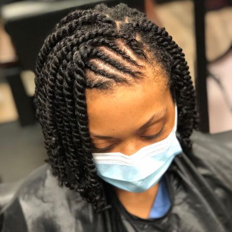 64 Likes, 1 Comments - Hair Krush Studio (@hairkrushstudio) on Instagram: “Two strand twist with a few flat twist to keep them out of face. #dmvhair #dmvstylist…” Ny Hairstyles, Twisted Braid Hairstyles, Braid Hairstyles Ideas, Two Strand Twist Hairstyles, Short Hair Twist Styles, Twist Cornrows, Twist Hairstyle, Natural Updo, Twisted Braid