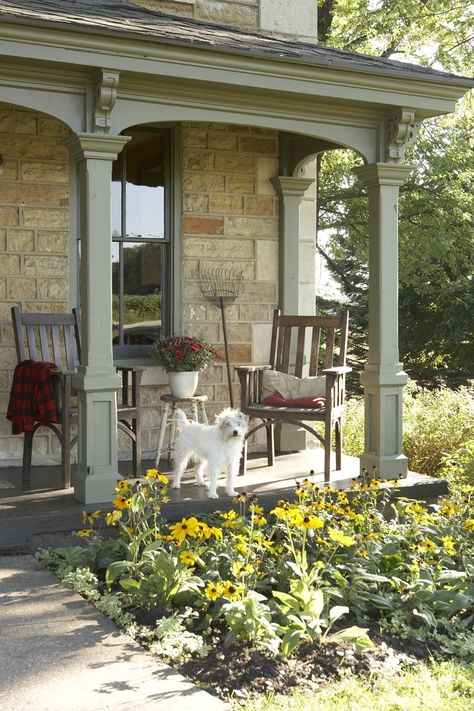 . Cottage Porch Columns, Southern Covered Back Porch, Front Porch Arches Columns, Arched Porch Columns, Front Porch Columns With Corbels, Decorative Columns Outdoor, Sage Green Exterior Trim, Front Porch Corbels, Front Porch Architecture