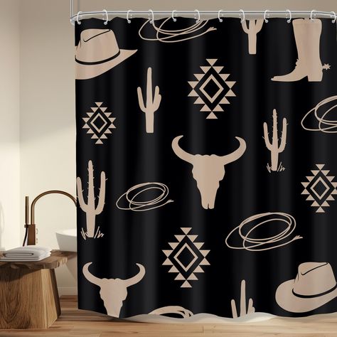 PRICES MAY VARY. 【Unique Design】Printed with Bull Skull pattern，let you enjoy you bathing time. 【Premium Materials】This shower curtain is made of 100% environment-friendly polyester fabric, water resistant, quickly dry, odorless, safety, fadeless and solid. 【Easy Install】 Each package provides one 60” Width x 72” Length polyester shower curtain and 12 plastic hooks.there are metal grommets on the top, and the shower curtain can be hung on the pole quickly by using curtain rings.when you want to Cool Bathroom Decor, Cool Bathroom, Black Cactus, Skull Shower Curtain, Boy Bath, Bath Curtain, Cow Head, Bathroom Decorating, Skull Pattern