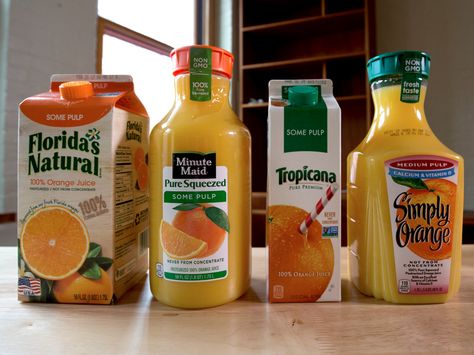 OJ is a breakfast staple, but which brand tastes best? We put Minute Maid, Simply Orange, Tropicana, and Florida's Natural to the test. Tropicana Juice, Orange Juice Brands, Simply Orange Juice, Ingredients Photography, Juice Jar, Simply Orange, Breakfast Juice, Juice Branding, Calcium Vitamins