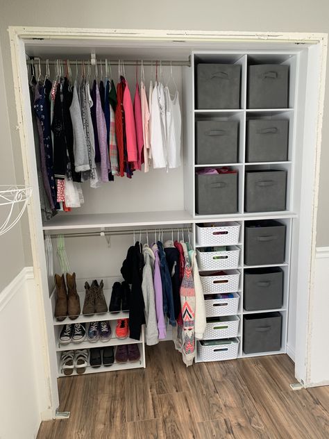 Closet Organization Ideas Small Closet, Cute Closet Organization Small Spaces, Closet Organization With Shoe Storage, Shallow Closet Ideas Bedrooms, Making Closet Space In Small Bedroom, Walk In Closet Ideas Square Room, Super Small Closet Organization, Small Space Closet Organization Ideas, Small Closet Set Up Ideas