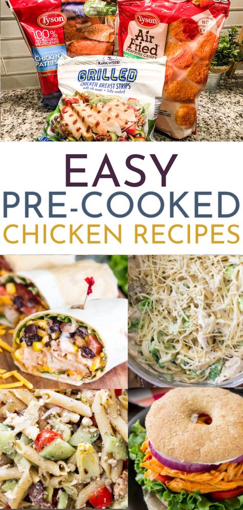 These easy precooked chicken recipes were such a time saver this week! I grabbed a few packs of tysons frozen grilled chicken strips and we had dinner ready in less than 15 minutes all week! There was barely an dishes and I actually loved dinners instead of dreading them! If you need easy meal ideas that are still healthy- these are perfect. Perdue and costco (or kirkland) also make the frozen grilled chicken breasts!  This had both pasta dishes and low carb ideas- great for big families. Healthy Frozen Chicken Recipes, Pre Made Chicken Recipes, Frozen Precooked Chicken Recipes, Frozen Chicken Finger Recipes, Grilled Chicken Patties, Meals With Precooked Chicken, Frozen Chicken Patties Recipes, Recipes With Pre Cooked Chicken, Recipes Using Frozen Chicken Tenders