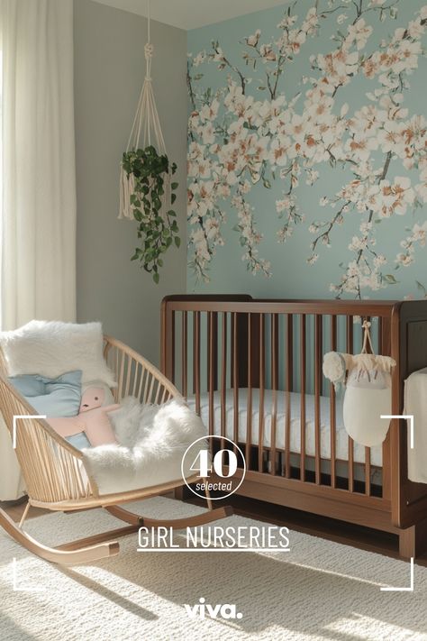 ♥ Are you looking for baby girl room ideas for your nursery? Explore the enchanting world of this girl nursery with a woodland theme, featuring sage green walls and an accent wall with forest wallpaper. Perfect for creating a cozy and stylish space for your little one! 🌿👶 #girlnursery #babygirlroomideas #nurserydecor #woodlandnursery #nurserythemes Flower Baby Girl Nursery, Woodsy Nursery Girl, Mauve Pink Nursery, Green Floral Nursery, Woodsy Nursery, Brown Crib, Power Naps, Nursery Ideas Girl, Baby Girl Room Ideas