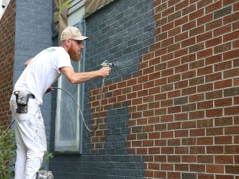 Spray painting a houses brick exterior in Scio Township Stained Brick Exterior, Black Brick House Exterior, Painting Brick Exterior, Brick And Siding Exterior, Black Brick House, Painting Brick, Best Exterior House Paint, Painted Brick Exteriors, Painted Brick Walls