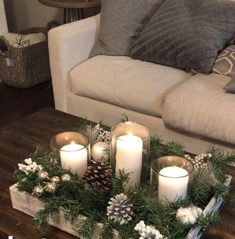 60 DIY Dollar Tree Christmas Decor and Crafts Ideas to Get your Home Christmas Ready in a Jiffy - Hike n Dip Dining Table Center Piece Ideas Modern, Ottoman Tray Decor Ideas Christmas, Modern Chic Christmas Decor, Minimal Winter Decor, Boho Christmas Mantle Decor, Minimalist Winter Decor, Modern Traditional Christmas Decor, Christmas Tv Console Decor, Christmas Entertainment Center Decor