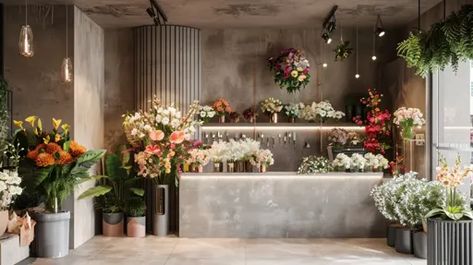 ↑↑↑ Larger size on website 🔸 A flower shop with a modern industrial design. The shop has concrete walls, a concrete counter, and  🔸 From Midjourney AI Image Industrial Flower Shop, Concrete Counter, Wooden Slats, Slat Wall, Concrete Wall, Types Of Flowers, Modern Industrial, Flower Shop, Industrial Design