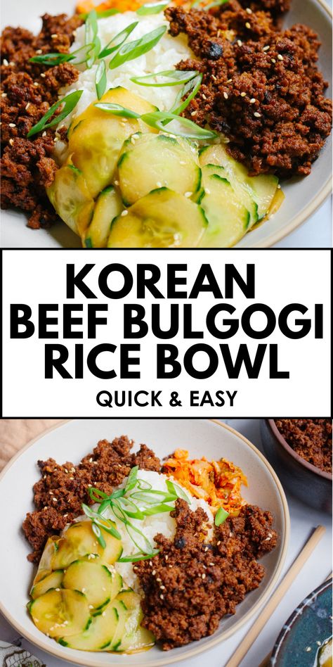 Indulge in the bold flavors of Korean cuisine with Korean Ground Beef Bulgogi Rice Bowl Recipe - a delicious and satisfying meal. Korean Authentic Recipes, Korean Dinner Ideas, Korean Ground Beef Bulgogi, Bulgogi Rice Bowl, Korean Chicken Recipe, Ground Beef Bulgogi, Easy Asian Dishes, Beef Bulgogi Recipe, Korean Beef Bulgogi