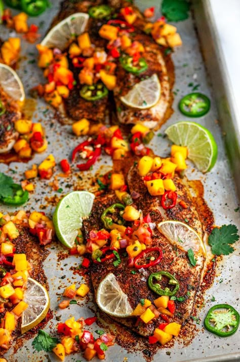 Sheet Pan Chili Lime Tilapia - A delicious Mexican inspired seafood dinner recipe done in a quick 15 minutes on just ONE pan! Gluten and dairy free. From aberdeenskitchen.com #sheetpan #chili #lime #tilapia #onepan #onepot #glutenfree #dairyfree #seafood #fish #Mexican #dinner #recipe Tilapia Recipes Sheet Pan, One Pan Tilapia And Veggies, Mexican Food Recipes Seafood, Gluten Free Dairy Free Tilapia Recipes, Tilapia Lime Recipes, Whole 30 Tilapia Recipes, Tilapia And Sweet Potato Recipes, Dairy Free Tilapia Recipes, Chili Lime Tilapia