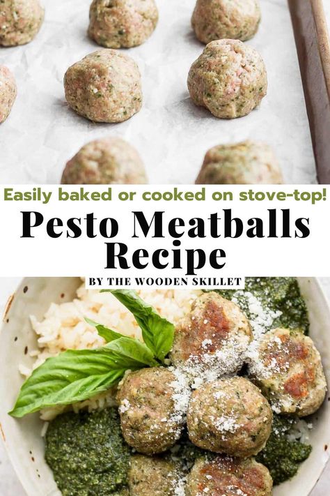 Pesto Chicken Meatballs Pasta, Meatballs With Pesto Sauce, Pesto Meatballs Beef, Pesto Meatballs And Pasta, Pesto Turkey Meatballs, Pesto Meatball, Balsamic Meatballs, Macro Ideas, Gluten Free Meatballs Recipe