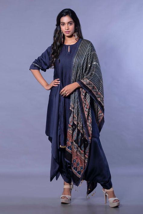 Buy Prahnaaya Blue Satin Kurta Set With Ajrakh Dupatta Online | Aza Fashions Ajrakh Dupatta, Satin Kurta, Navy Blue Kurta, Kurta Skirt, Ethnic Wear Indian, Skirt Satin, Blue Kurta, Skirt Silk, Unique Outfit