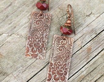 Boho Jewelry Bohemian Earrings Copper Jewelry by RusticaJewelry Etched Copper Jewelry, Paisley Jewelry, Boho Silver Earrings, Patina Jewelry, Earthy Earrings, Opal Drop Earrings, 7th Anniversary Gifts, Etched Copper, Agate Earrings