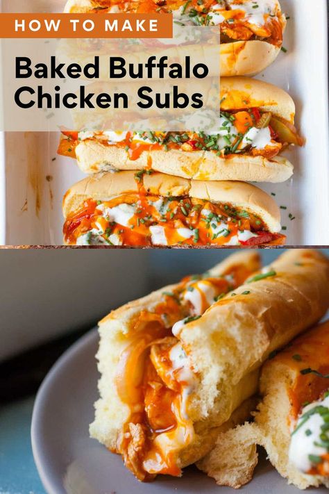 Baked Buffalo Chicken Subs! The best spicy chicken sandwich that comes with a kick. The flavor of buffalo chicken wings backed into a chicken sub sandwich. Try these Baked Buffalo Chicken Subs for dinner or a hearty game-day appetizer. Using juicy chicken breast, buffalo sauce, and thick slices of provolone this sub sandwich is easy to bake right in your oven at home. The perfect easy lunch idea. Subs For Dinner, Chicken Sub Sandwich, Hamburger Recipes Easy, Chicken With Peppers, Quick Casseroles, Chicken Subs, Sandwiches Recipes, Baked Buffalo Chicken, Buffalo Chicken Sandwiches