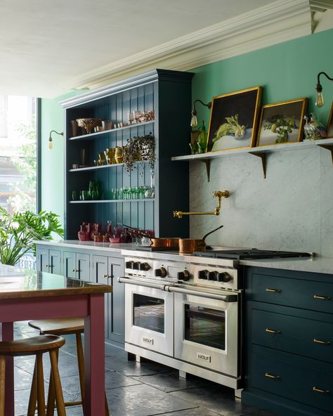 Kitchen • Instagram Victorian Kitchens, Painting Shelves, Devol Kitchens, Luxury Appliances, Kitchen Colour Schemes, House Luxury, Kitchen Stove, Kitchen Color, Blue Kitchens