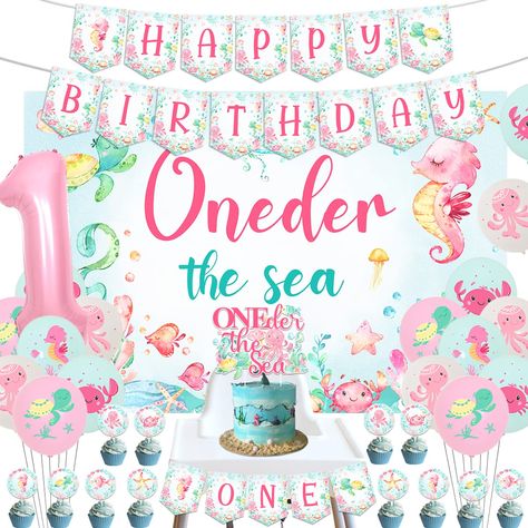 PRICES MAY VARY. Package Content: The package includes 1pc happy birthday banner, 12pcs double-sided cupcake toppers, 1pc oneder the sea cake topper, 1pc one high chair banner, 16pcs ocean animal printed balloons, 1pc number 1 foil balloon 32 inches, 1pc oneder the sea backdrop 5*3.3 ft, and 2pcs ribbons. Under the Sea First Birthday Decorations: The under the sea 1st birthday decorations set can totally meet your decorative needs for your baby girls’ 1st birthday party. All the products are des One Der The Sea First Birthday, Ocean Animal Birthday Party, Oneder The Sea 1st Birthday, Oneder The Sea Birthday, Sea Backdrop, Oneder The Sea, Ariel Birthday Party, Sea Cake, 1st Birthday Girl Decorations