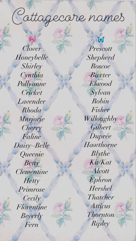 Aesthetic, cottagecore baby name list Cottage Core Alphabet, Flower Related Names, Names For Fairies, Cottage Core Names List, Mushroom Names Aesthetic, Cottagecore Pet Names, Cute Fairy Names, Cottagecore Last Names, Cottagecore Cat Names