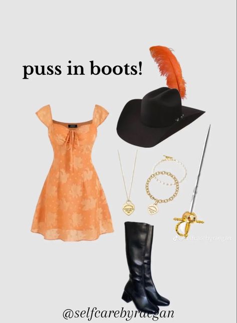 Iconic Ginger Halloween Costumes, Solo Customes Halloween, Pues In Boots Costume, Modest Costume Ideas, Pussin Boots Halloween Costume, Halloween Costumes With Black Knee High Boots, Halloween Costumes Women Modest, Orange Dress Halloween Costume, Costume With Pink Dress