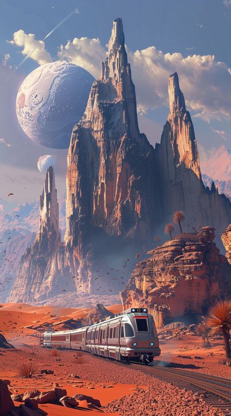 Prompt 👉A futuristic train moves through a desert landscape, bizarre lone plants grow, with mountains and cliffs in the background, creating a fantastic picture of an alien world, with two moons visible in the sky, depicted in the style of digital art, photorealism 👉 if Like, please Follow and Share AI Graphics Studio 👇Contact on WhatsAPP: http://tiny.cc/aigraphicsstudio #aigraphicsstudio #AI #DigitalMarketing #digitalartist #digitalart #digital #creativephotography #designinspiration #grap... Space Fantasy Landscape, Scifi Desert City, Desert Planet Concept Art, Alien Planet Concept Art World, Sci Fi Desert Landscape, Desert Planet Sci Fi, Alien Planet, World Of Fantasy, Alien Worlds