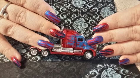 Optimus Prime inspired red and blue flames -nail art Optimus Prime Nails, Transformers Nail Art, Transformers Nails, Flame Nail Art, Pretty Fingers, Red Dress Day, Nail Blue, Nail Pictures, Blue Flames