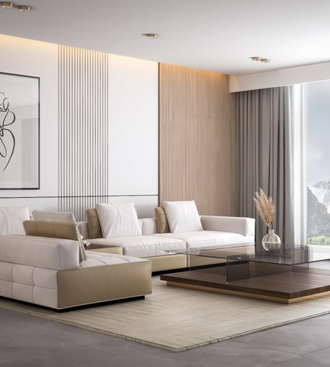 Minimal Neutral Open Space In Partnership With Kaymet Idris Tv Fal, Living Room Warm, Room Ambiance, Wooden Wall Decor, Top Interior Designers, World Of Interiors, Living Room Inspiration, Modular Sofa, Luxury House