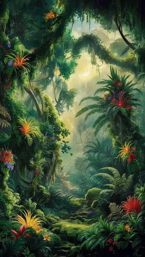 Immerse yourself in our vibrant rainforest wallpaper, showcasing a lush tropical landscape alive with deep emerald foliage and vivid exotic flowers. Sunlight dances through the canopy, illuminating the serene undergrowth of ferns and mosses. With elements of Impressionism and whimsical Surrealist creatures, this enchanting scene invites mystery and wonder. Perfect for nature lovers and interior decor enthusiasts. #RainforestWallpaper #TropicalDecor #HomeDesign Tropical Rainforest Background, Rainforest Background, Rainforest Wallpaper, Rainforest Canopy, Game Zone, Tropical Landscape, Black Ground, Forest Wallpaper, Tropical Rainforest