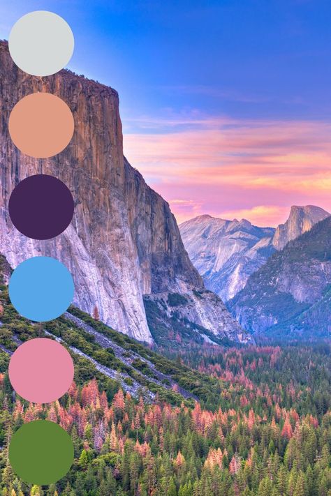 Prettiest Color Palette, Color Palette From Nature, Yosemite Color Palette, California Sunset Color Palette, Adventurous Color Palette, Dreamy Sky Color Palette, Yosemite Photography, Yosemite Tunnel View, Brand Colours