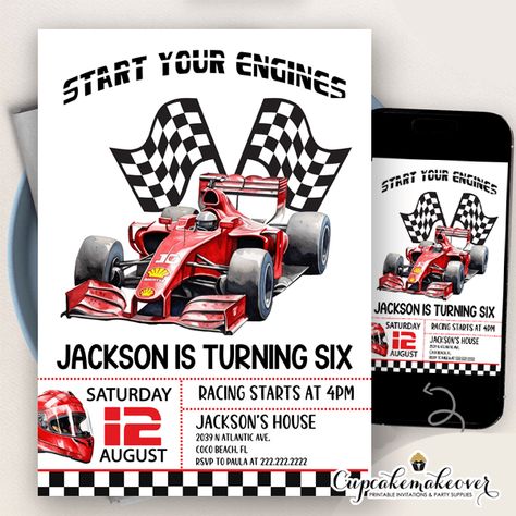 Red Formula 1 Race Car Birthday Invitations Race Car Party Invitations, F1 Birthday Invitation, F1 Themed Party, Formula 1 Birthday Party Ideas, Formula One Birthday Party, Racing Birthday Theme, Race Car Invitations, Race Car Birthday Invitations, Car Birthday Invitations