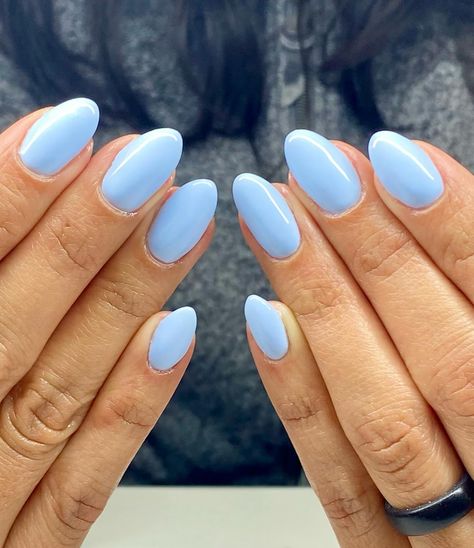 Look at all these beautiful BLUE nails. Katie suggested I use the blue sight word song. 😂💙🔵🦋 Alice Blue Nails, Light Indigo Nails, Short Almond Baby Blue Nails, Oval Light Blue Nails, Almond Nails Designs Solid Colors, Light Blue Gel X Nails, Gel Nail Ideas Blue, North Carolina Blue Nails, Honolulu Blue Nails