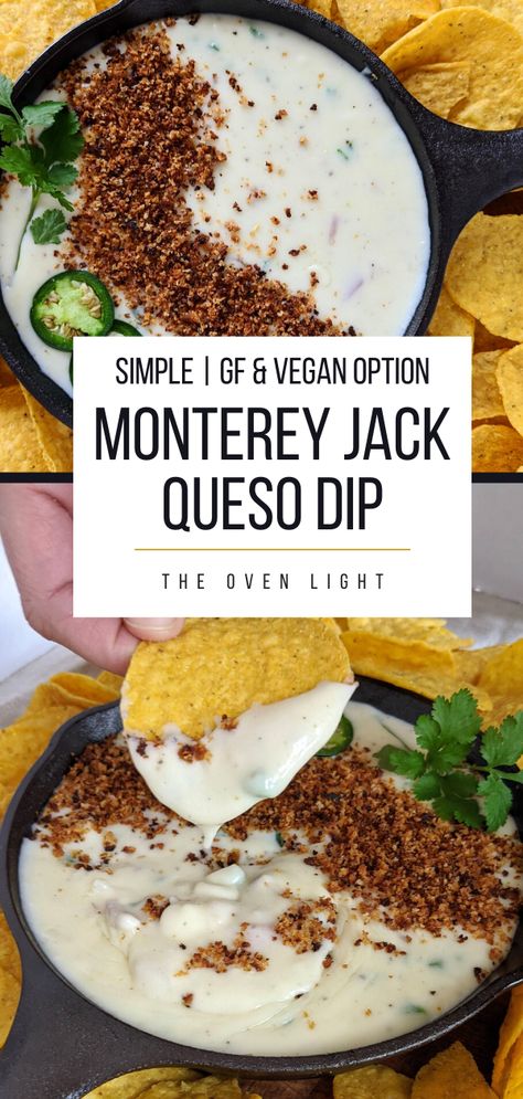 Delicious Monterey Jack Queso - Great for dipping, pouring or scooping! Gluten free and Vegan options. So simple to make! Queso With Monterey Jack Cheese, Monterey Jack Queso Dip, Monterey Jack Cheese Dip, Monterey Jack Queso, Organic Queso Dip, Monterey Cheese Recipes, Gluten Free Queso Dip, Gluten Free Halloween Appetizers, Gluten Free Queso