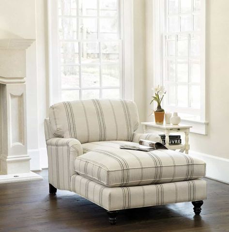 Plaid Chaise Lounge, Reading Chaise Lounge, Striped Chaise Lounge, Chaise Lounge Reading Nook, Cozy Chairs For Reading, Timeless Home Interiors, Chaise Lounge Living Room, Chaise Lounge Bedroom, Office Redo