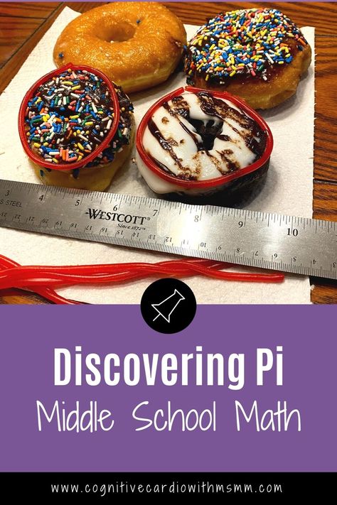 donuts being measured to find pi Pi Activities, Math Projects Middle School, Pi Day Activities, Teaching Geometry, 6th Grade Math, Middle School Math Classroom, Upper Elementary Math, Math School, Math Time