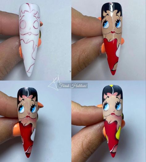 Betty Boop Nail Art Step By Step, Beavis And Butthead Nails, Nails Cartoon Design, Betty Boop Nails Designs, Nail Art Illustration, Jessica Rabbit Nails, Character Nail Art Step By Step, Betty Boop Nails, Printable Nail Art Practice Sheet