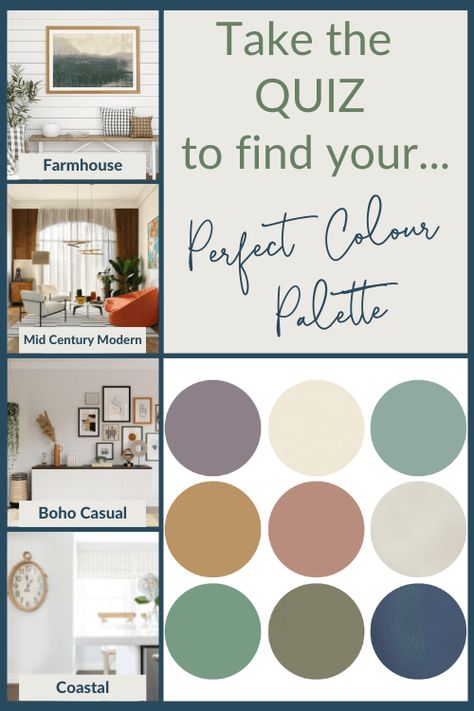 Take the quiz to find out your Perfect Design Color Style! Cottage Color Scheme Interior, Farmhouse Office Color Scheme, Color Combos For Home Decor, Color Palette Modern Farmhouse, House Interior Colour Palette, Paint Schemes For The Home, Ranch Style Color Palette, Craft Room Color Palette, Choosing A Color Palette For Home