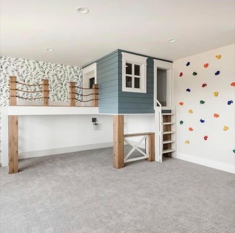 Built In Fort Playroom, Indoor Treehouse Loft, Playroom Building Ideas, Playhouse Built In Wall, High Ceiling Playroom, Playroom Slide Ideas, Playroom Fort Ideas, Amazing Playroom Ideas, Playroom With Playhouse