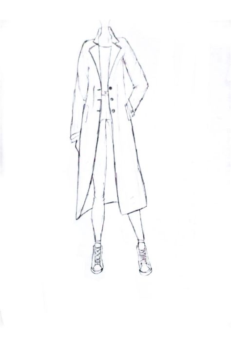 How To Draw Coats Jackets, Trench Coat Art Reference, How To Draw A Trench Coat, Coat Sketch Fashion Drawings, Trench Coat Sketch, Trenchcoat Drawing Reference, Long Coat Drawing Reference, Coat Drawing Sketches, Coat Reference Drawing