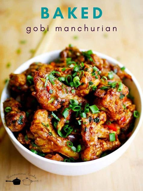 Baked Gobi Manchurian Recipe , Oven Roasted Gobi Manchurian Recipe - Kannamma Cooks Baked Gobi Manchurian, Healthy Gobi Manchurian Recipe, Indian Gobi Recipes, Lasooni Gobi Recipe, Baked Veg Recipe, Patta Gobhi Manchurian Recipe, Cauliflower Manchurian Recipes, Gobi Recipe Indian Foods, Oven Recipes Vegetarian