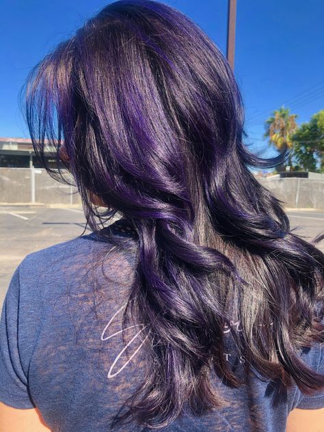 Dark Purple In Brown Hair, Violet Highlights On Black Hair, Subtle Purple Hair Brunettes, Purple Straight Hair, Blue Purple Black Hair, Dark Purple Highlights Brown Hair, Blackish Purple Hair, Purple Dye On Brown Hair No Bleach, Dark Purple And Black Hair