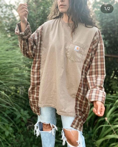 T Shirt Sewing Projects, Hoodie And Flannel Diy, How To Rework Clothes, Sweatshirt Flannel Upcycle, Flannel Sweatshirt Diy, Diy Upcycled Clothes, Quilted Sewing Projects, Refashioned Sweatshirt, Flannel Rework