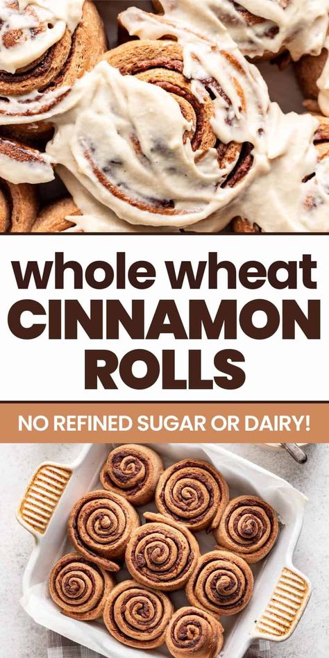 These soft and gooey Whole Wheat Cinnamon Rolls are packed with nutritious ingredients, yet will satisfy any cinnamon roll craving. It's the perfect homemade breakfast recipe for holidays, birthdays, and celebrating the weekend. Whole Wheat Flour Cinnamon Rolls, Whole Wheat Snacks, Vital Wheat Gluten Recipes, Whole Wheat Cinnamon Rolls, Wheat Cinnamon Rolls, Homemade Breakfast Recipes, Rolls From Scratch, Cinnamon Rolls From Scratch, Cinnamon Bun Recipe