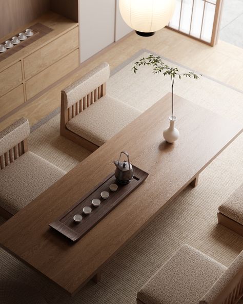 Japanese Low Dining Table, Japan Dining Table, Floor Dining Table Ideas Japanese, Tea Space Design, Japan Dining Room, Desk Dining Table Combo, Low Seating Dining, Japanese Tea House Interior, Japanese Furniture Modern