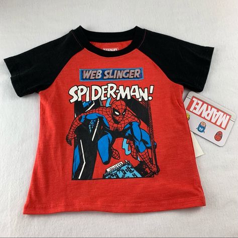 Nwt. Marvel Spider-Man T-Shirt. Size 2t. Shirt Sleeved. The Shirt Is Red With Black Arms And Shoulders. It Features Spider-Man On The Front. Above Spider-Man Is A Panel That Changes What It Says When You Shift It Different Ways. It Will Say Either Web Slinger Or The Amazing. Made Of 60% Cotton And 40% Polyester. Red With Black Outfit, Spider Man Things, Spiderman Fit, Spiderman Tshirt, Shifting Clothes, Spiderman T Shirt, Web Slinger, Spiderman Gifts, Spiderman Shirt