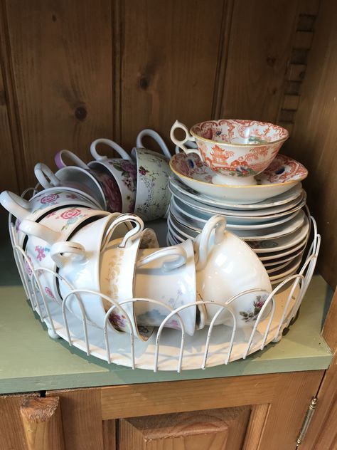 Teacup storage Teacup Storage Ideas, Teacup Display Ideas Diy, Diy Teacup Display, Tea Set Storage Ideas, Tea Cup Storage Ideas, Tea Cup Collection Display, Displaying Tea Cups And Saucers, Tea Cup Organization, Teacup Organization